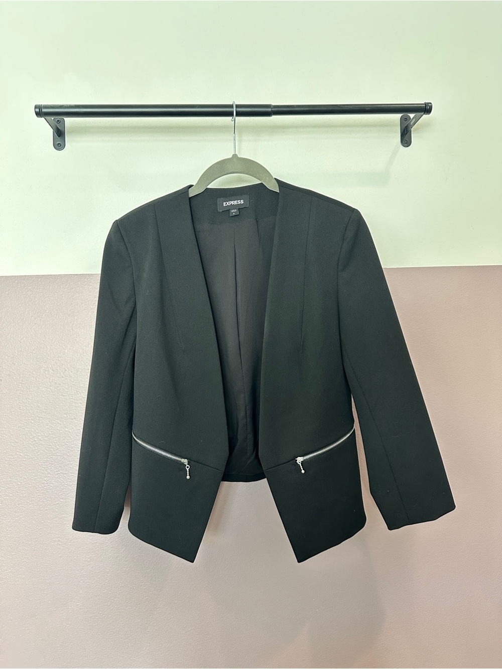 Express Women's Black Open-Front Blazer with Silver Zip Details